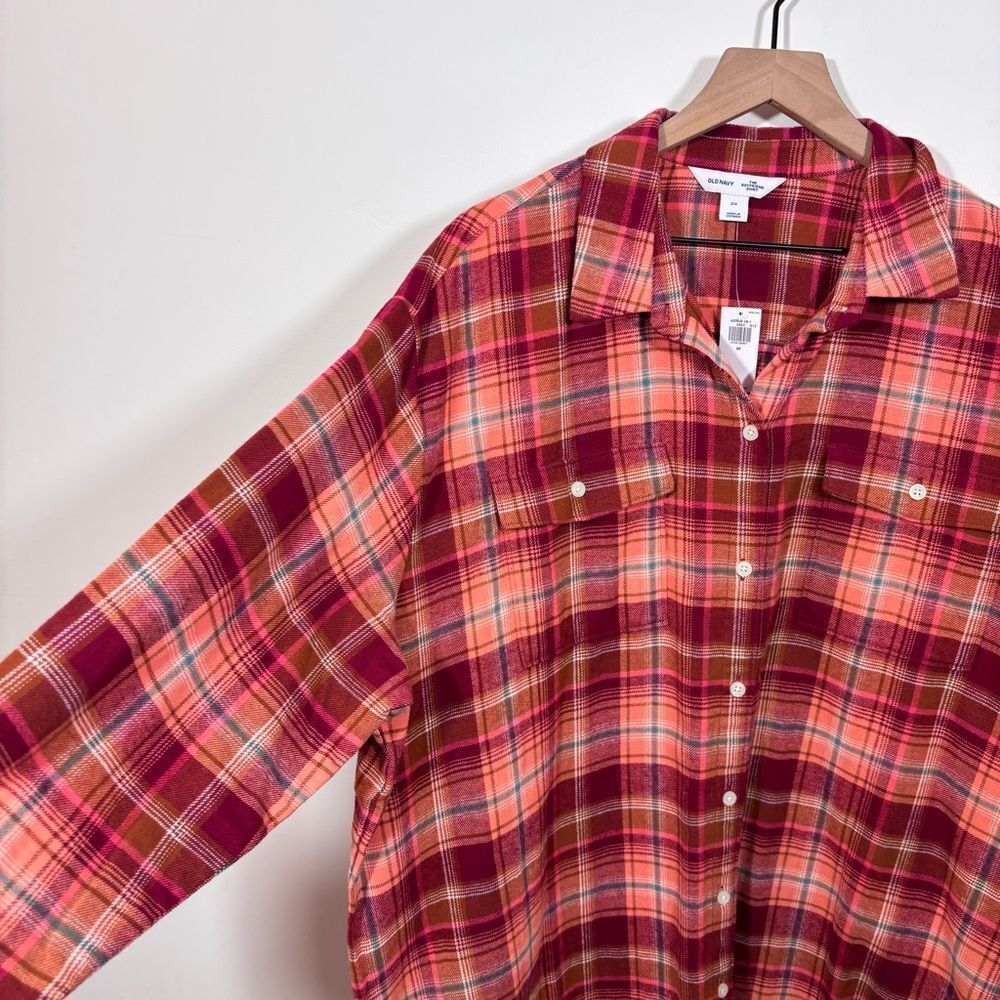 Old Navy Orange Red Long-Sleeve Tunic Boyfriend Plaid Flannel Shirt NWT 2X - Picture 8 of 16